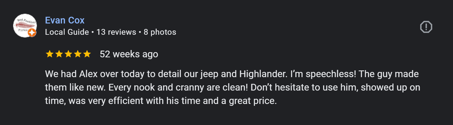 Google review from Evan Cox